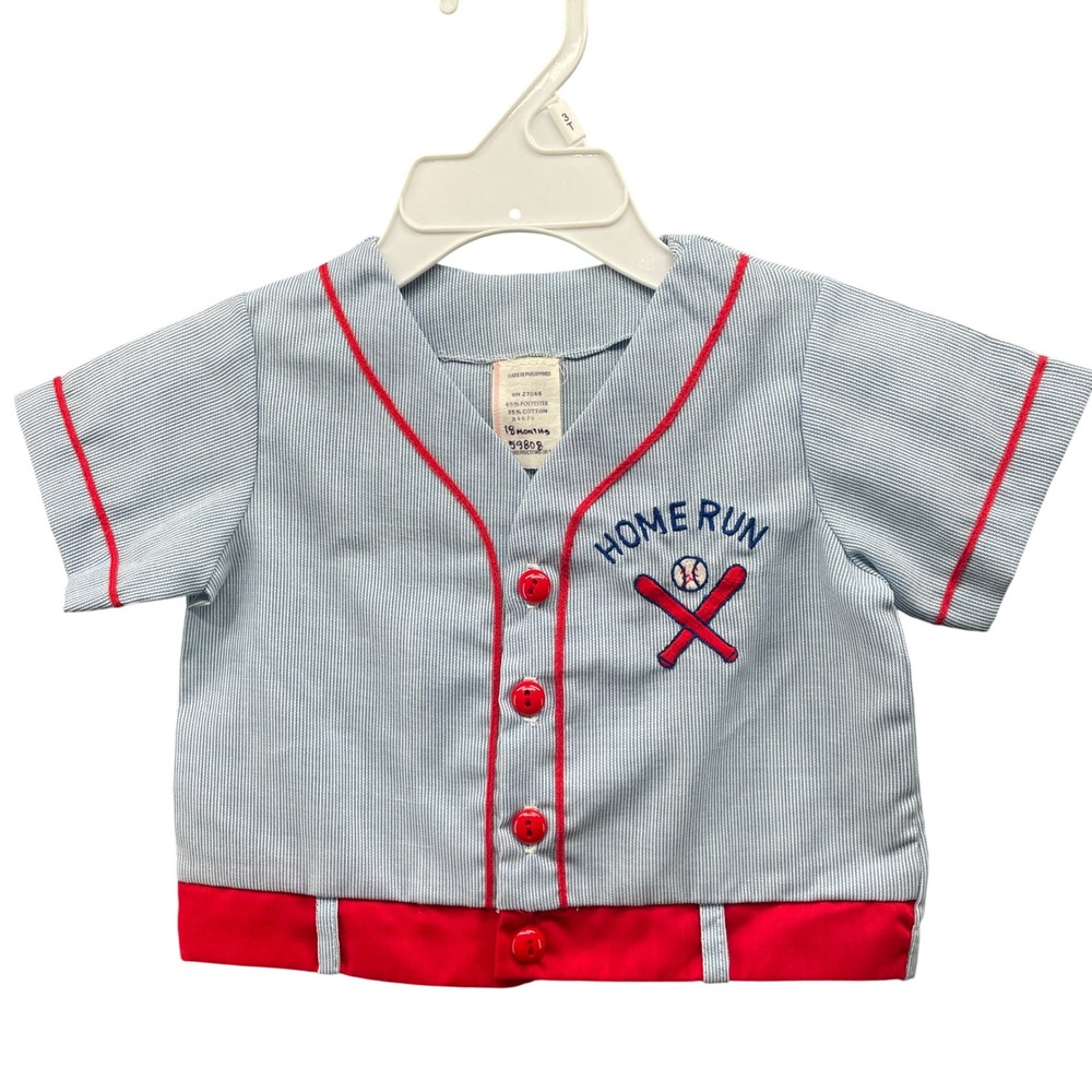 Vintage Baseball Jersey Shirt Boys 18M Embroidered Short Sleeve Blue Red